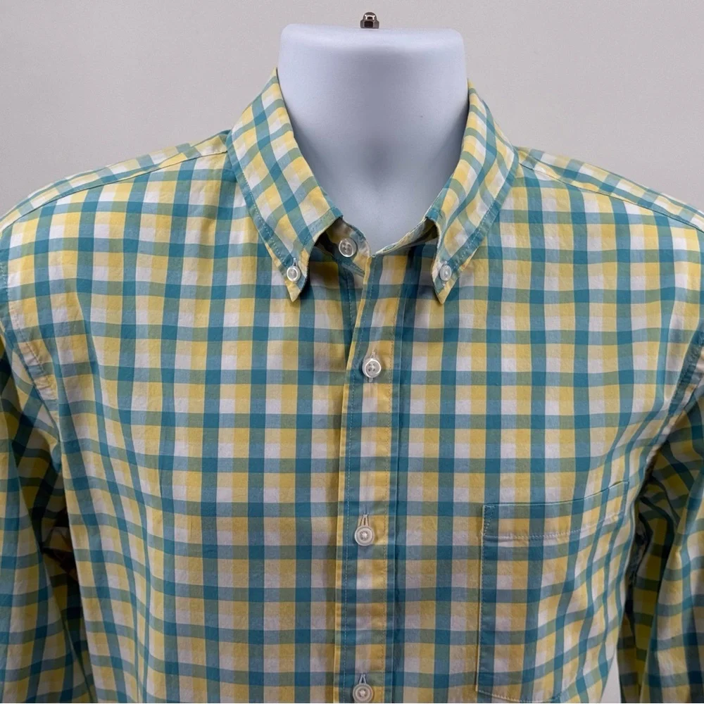 J Crew “Flex‎ Washed” Slim Yellow Green Plaid Button Down LS Shirt Men’s Large L